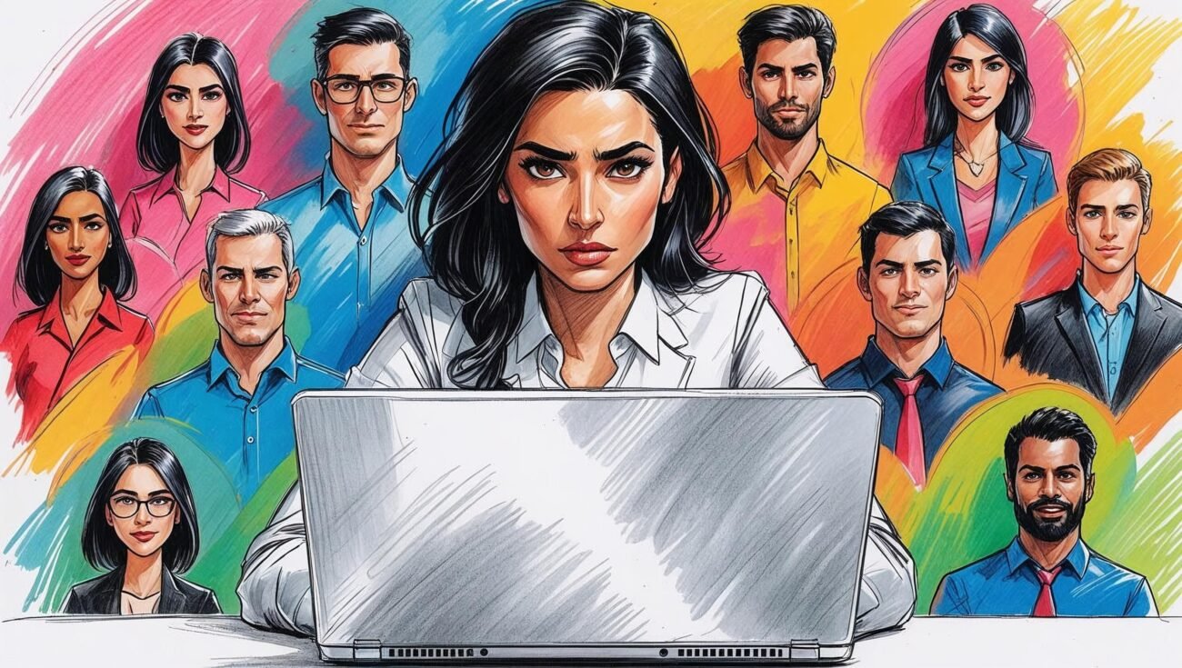 Illustration of a nervous entrepreneur sitting in front of a laptop surrounded by confident social media avatars