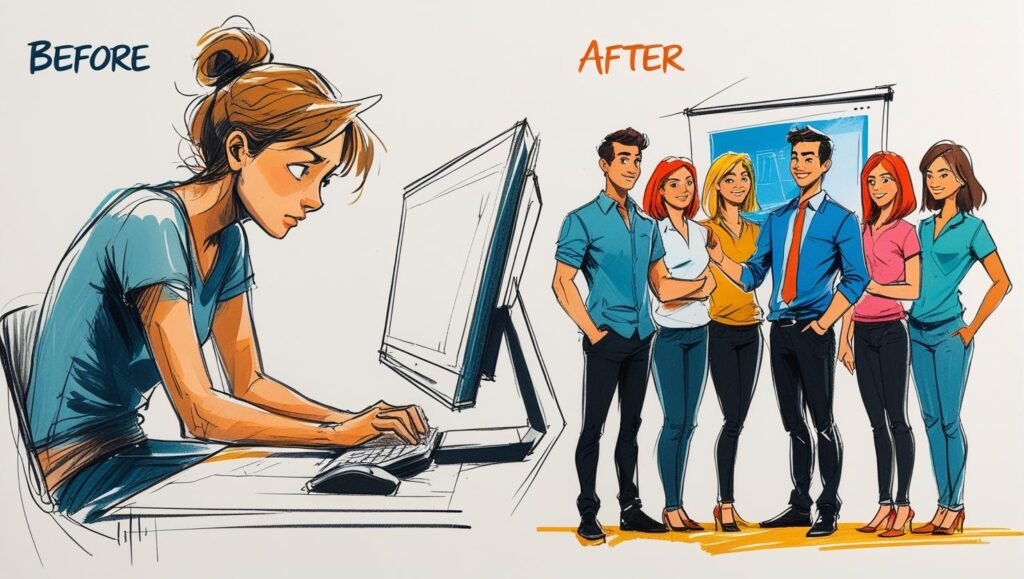 Illustration prompt A before and after style image of a freelancer sitting nervously in front of a blank screen then confidently presenting a design to clients