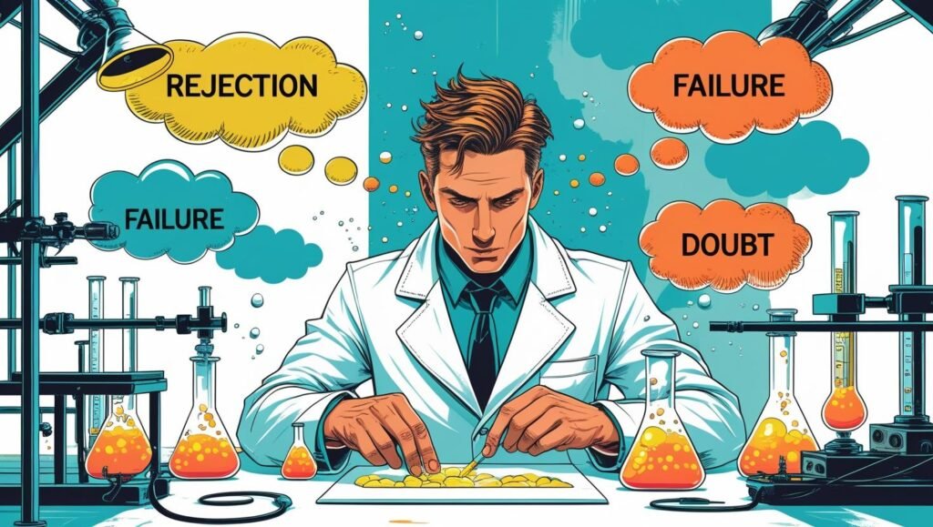 Illustration prompt A concept image showing an entrepreneur in a lab setting running experiments on thought bubbles labeled with fears like rejection and failure