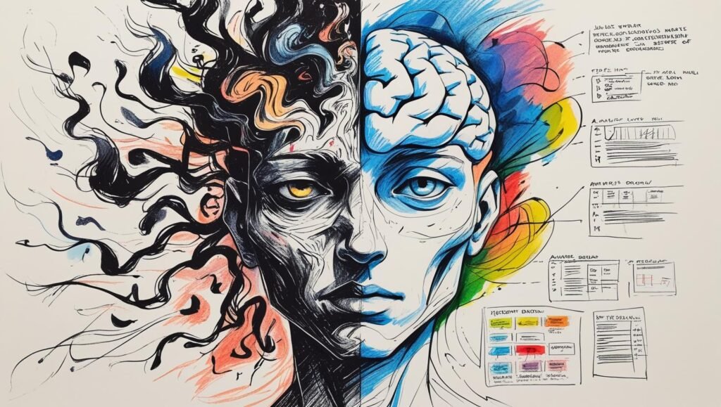 Illustration prompt A split screen image showing a chaotic mind filled with negative thoughts on one side and a calm organized brain analyzing evidence on the other side. 2