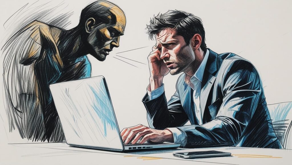 Illustration prompt A symbolic representation of the inner critic as a shadowy figure whispering into an entrepreneurs ear while they work at a laptop showing emotional conflict
