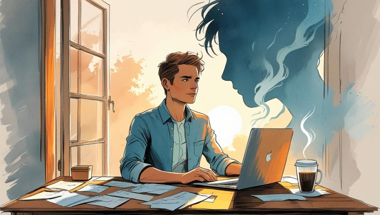 Prompt Featured Image A thoughtful and determined solo entrepreneur sitting at a desk in a cozy home office at sunrise surrounded by notes a laptop and a cup of coffee. Above their head a shad